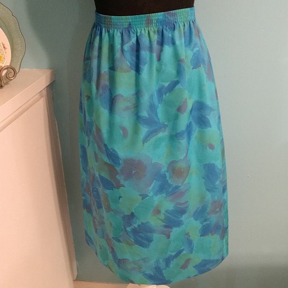 Vintage Dresses & Skirts - Vintage Watercolor Polyester Teal Blue Skirt M L